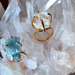 Bague Simple Cristal de quartz clair naturel ou quartz rose et aigue marine (Brésil) 